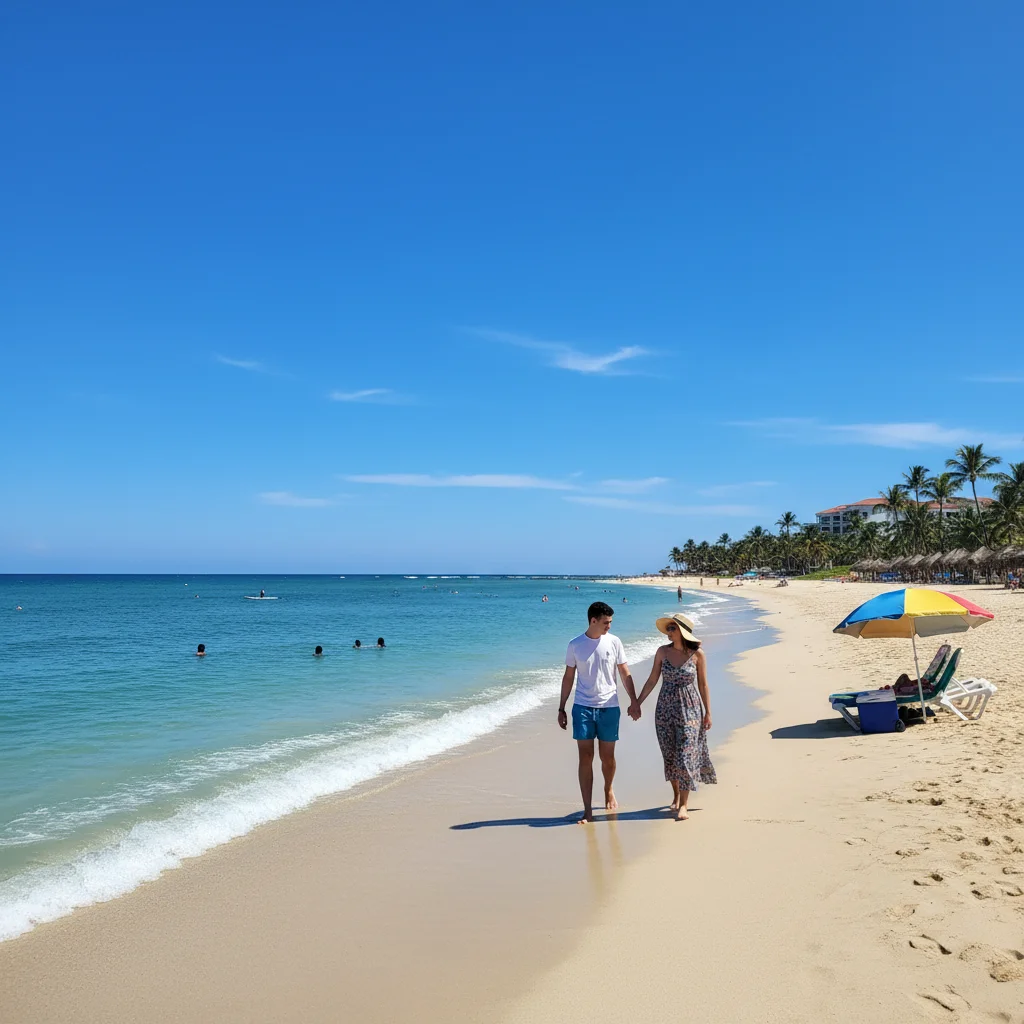 Beach scene with flat midday blue sky