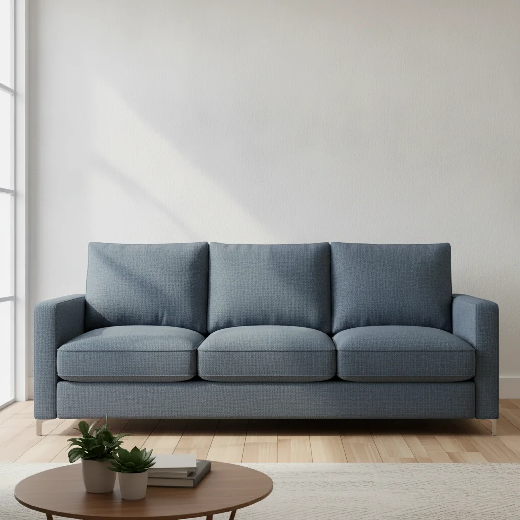 Same living room with sofa recolored to deep dusty blue