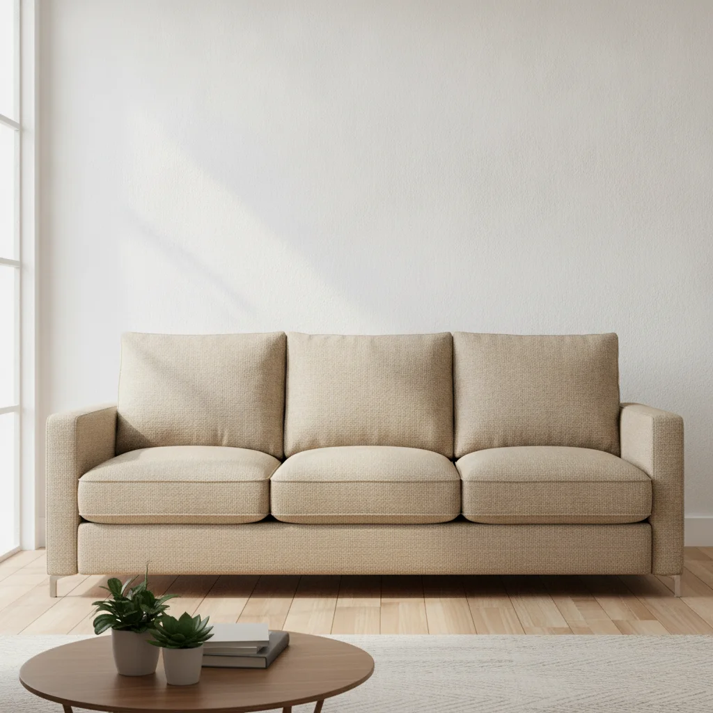 Living room with beige three-seat fabric sofa and white walls