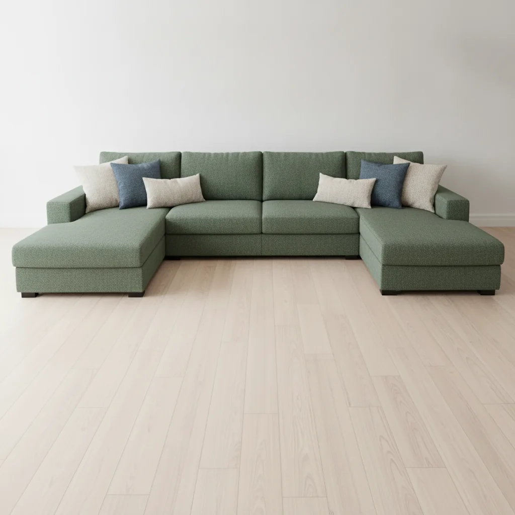 Same living room with sectional recolored to forest green