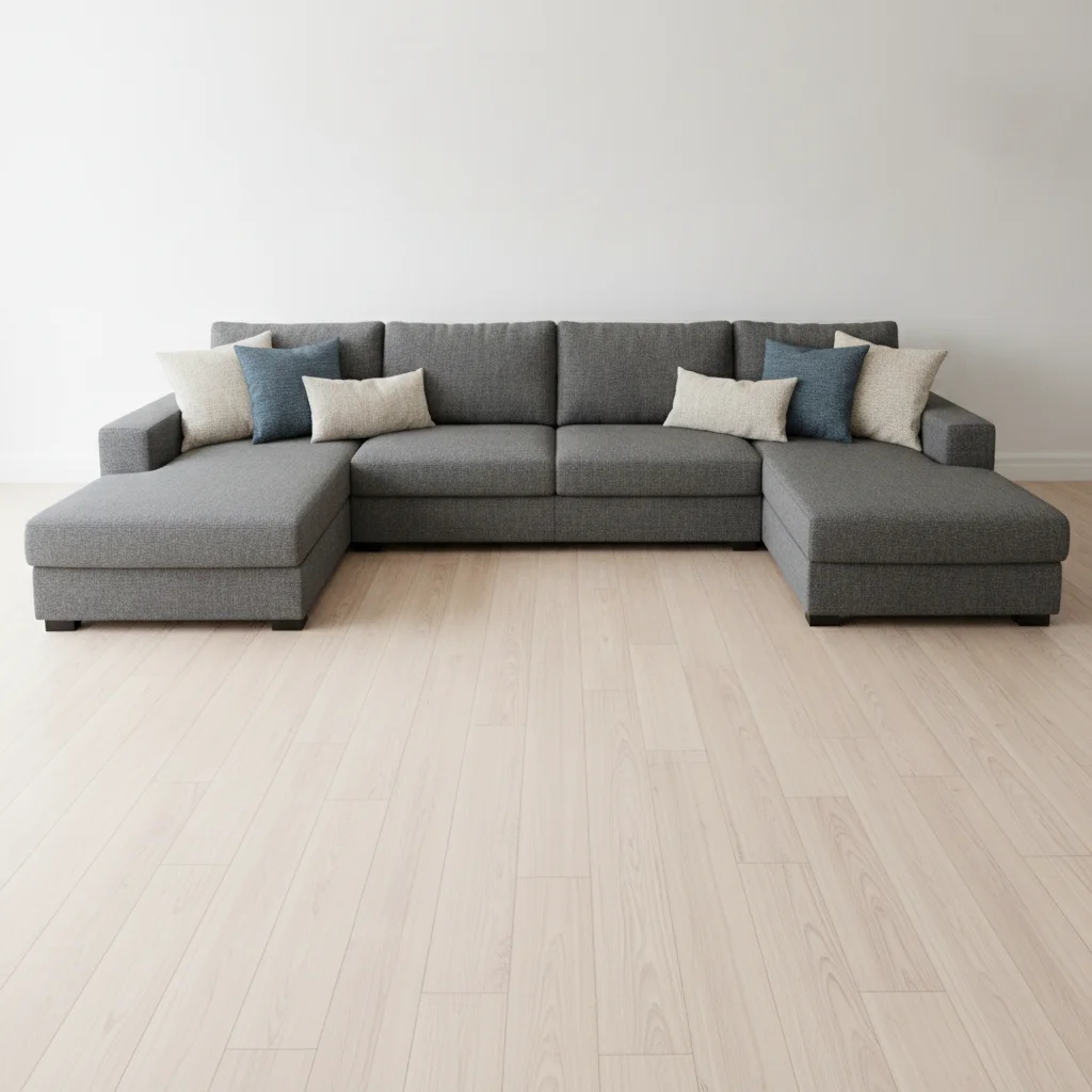 Living room with large dark grey L-shaped sectional sofa