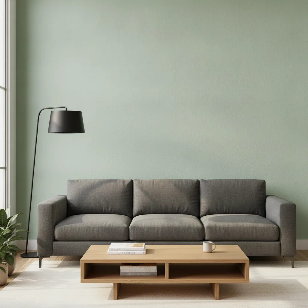 The same room with the wall repainted soft sage green, everything else unchanged