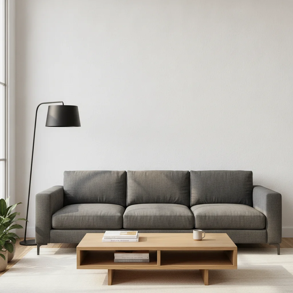 Living room with a large plain white wall behind a grey sofa