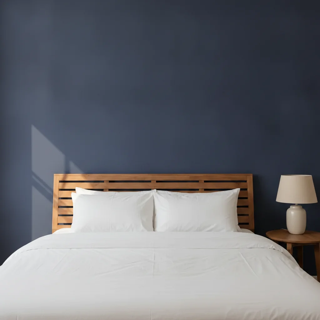 The same bedroom with the wall behind the bed painted deep navy, the sunlight patch and every furnishing unchanged