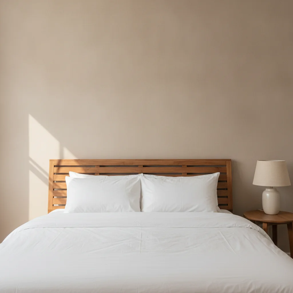 Bedroom with a beige wall behind a wooden bed, white bedding and a bedside lamp