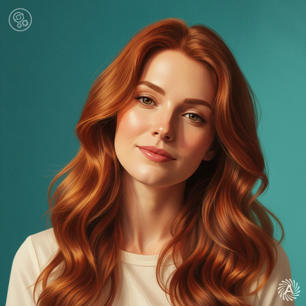 AI portrait of woman against teal background with watermark badges in both bottom-right and top-left corners