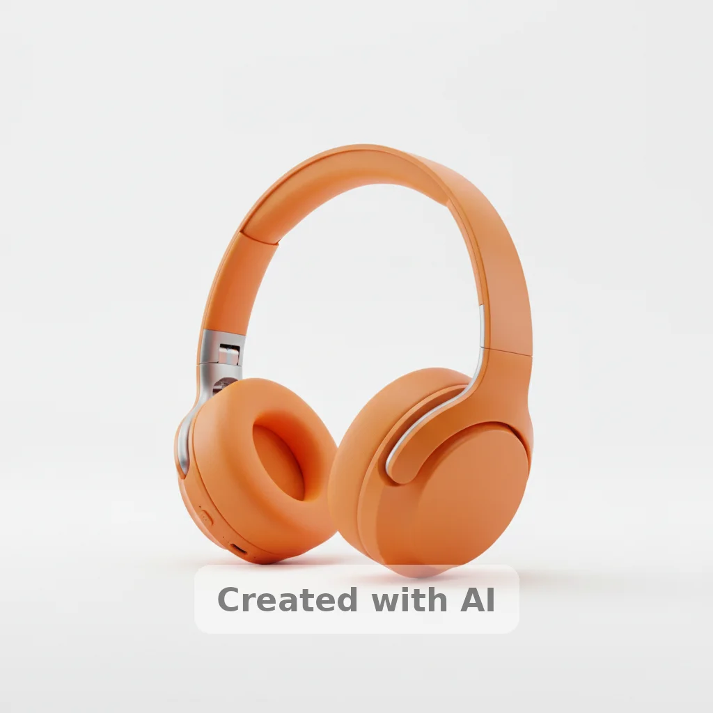 AI product concept showing orange headphones on white with semi-transparent watermark badge at bottom center