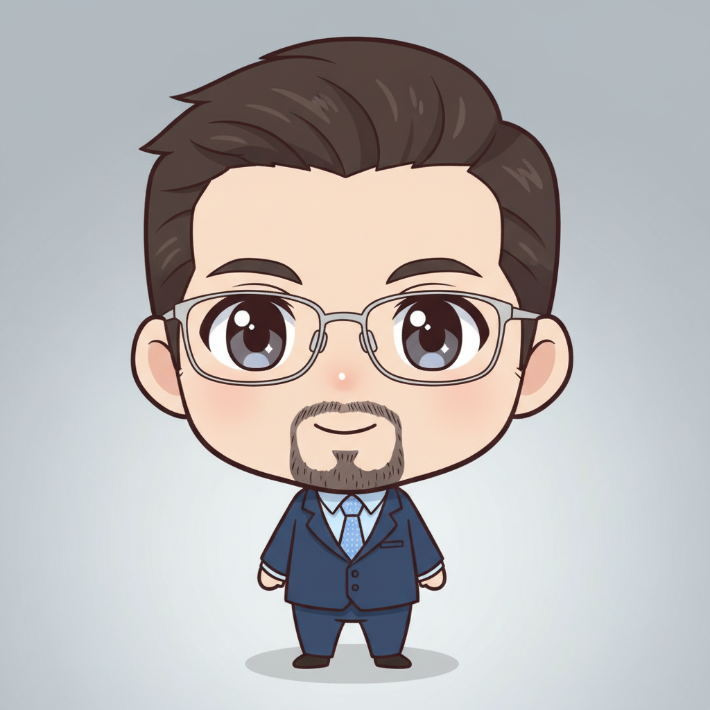 Same man as chibi character in tiny suit with oversized head