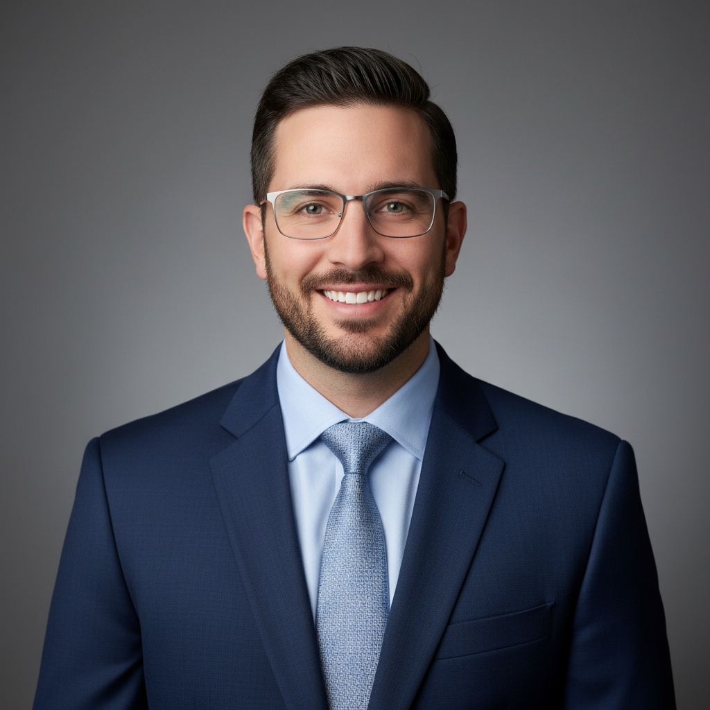 Professional headshot of man in navy suit