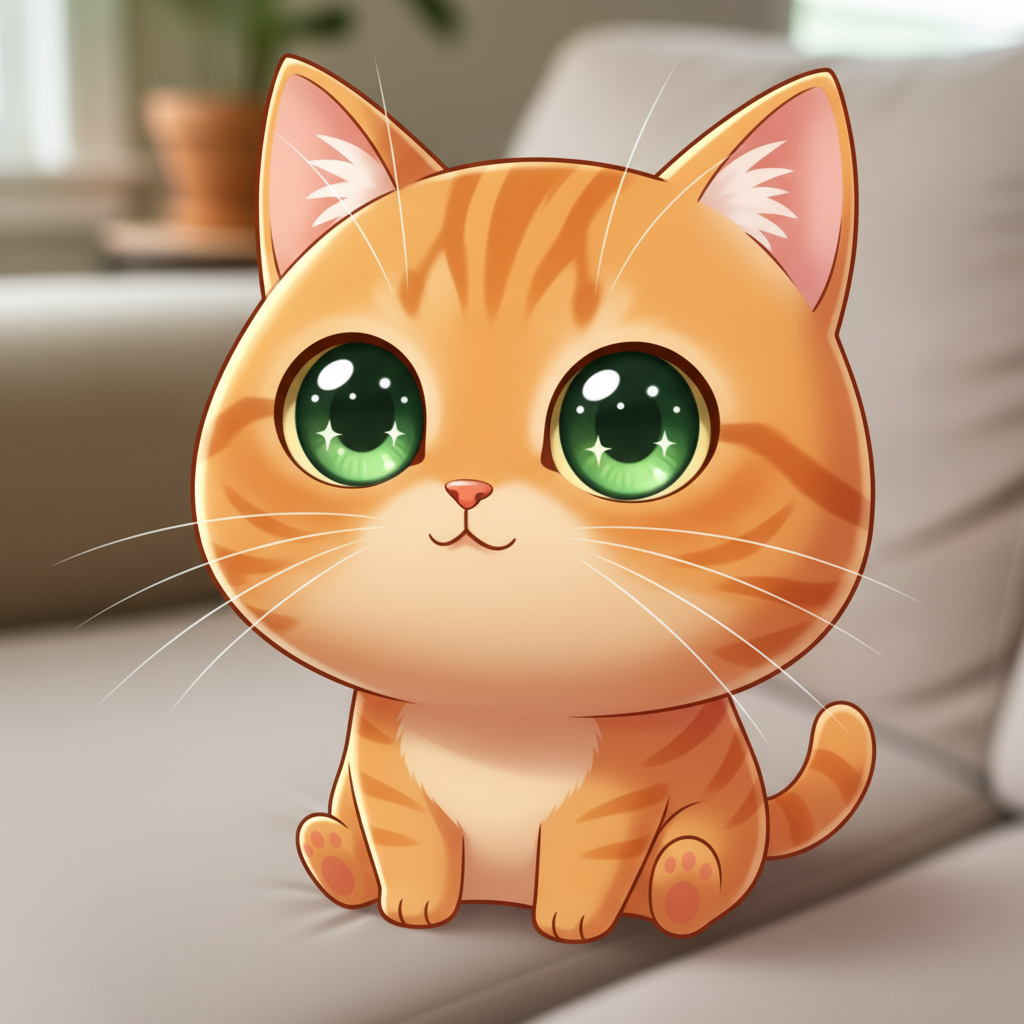Same cat as chibi anime character with huge sparkly eyes