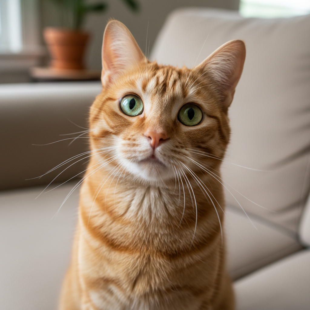 Orange tabby cat sitting on couch