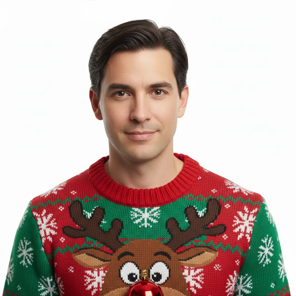 Same man now wearing a loud red and green ugly Christmas sweater with a reindeer face on the chest