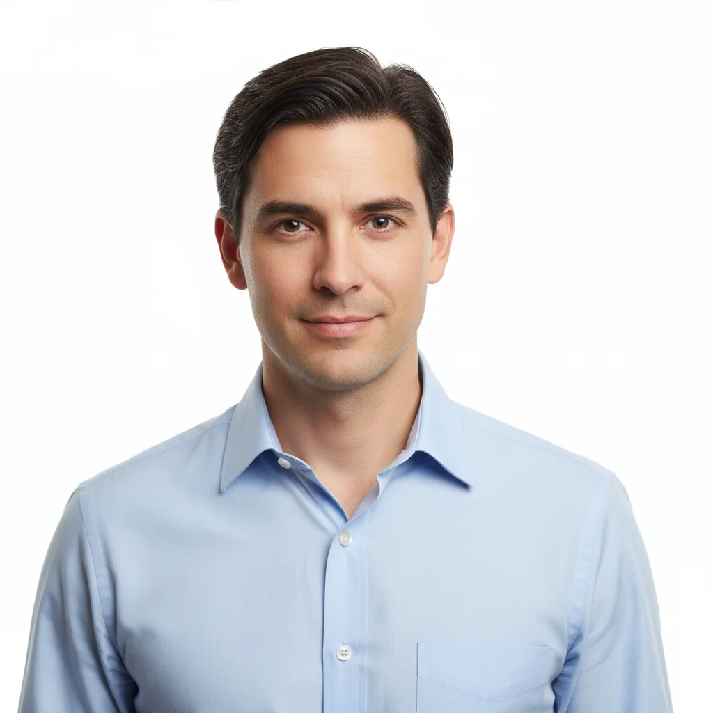 Man in a professional headshot wearing a plain light blue shirt