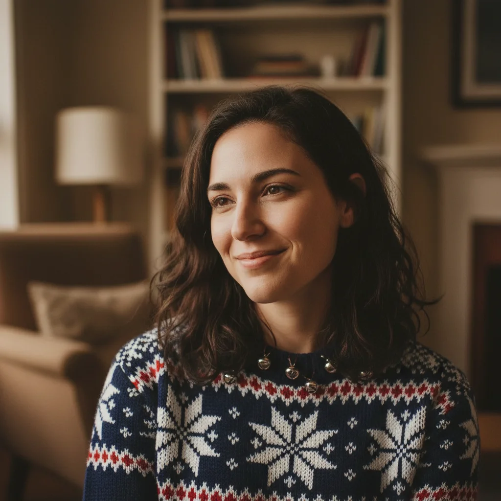 Same woman now wearing a navy blue ugly Christmas sweater with Fair Isle snowflake pattern and stripe cuffs