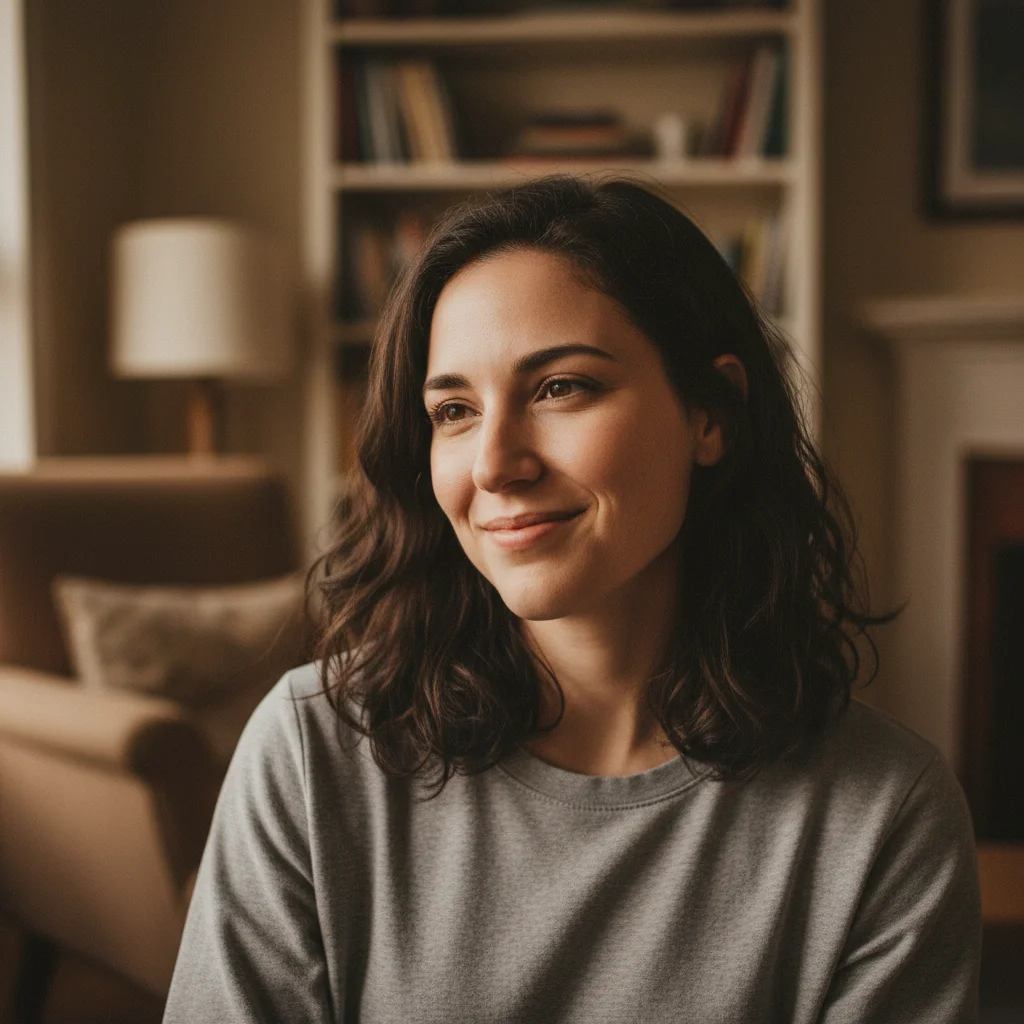 Woman in a casual gray top in a relaxed portrait