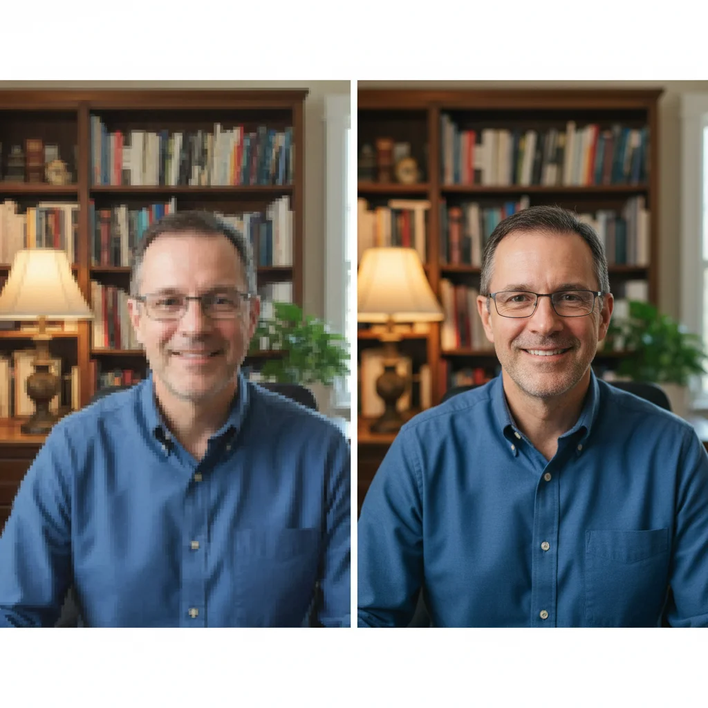 Webcam screenshot with low quality and home office background