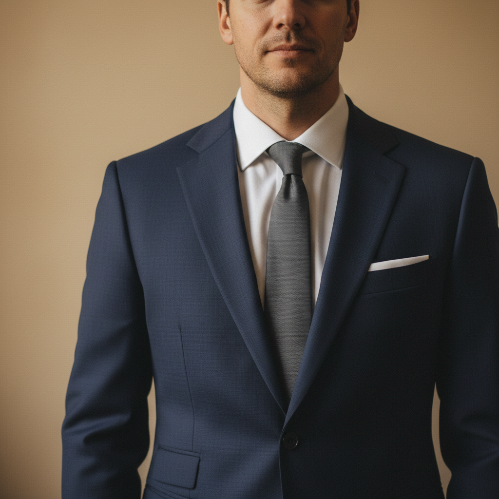 Same man in fitted navy suit and charcoal tie, lighting unchanged