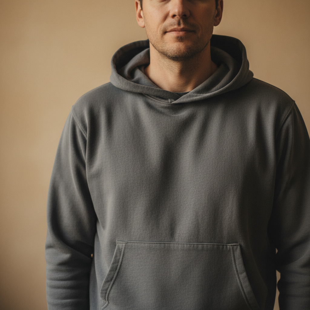 Man in grey hoodie, warm indoor lighting