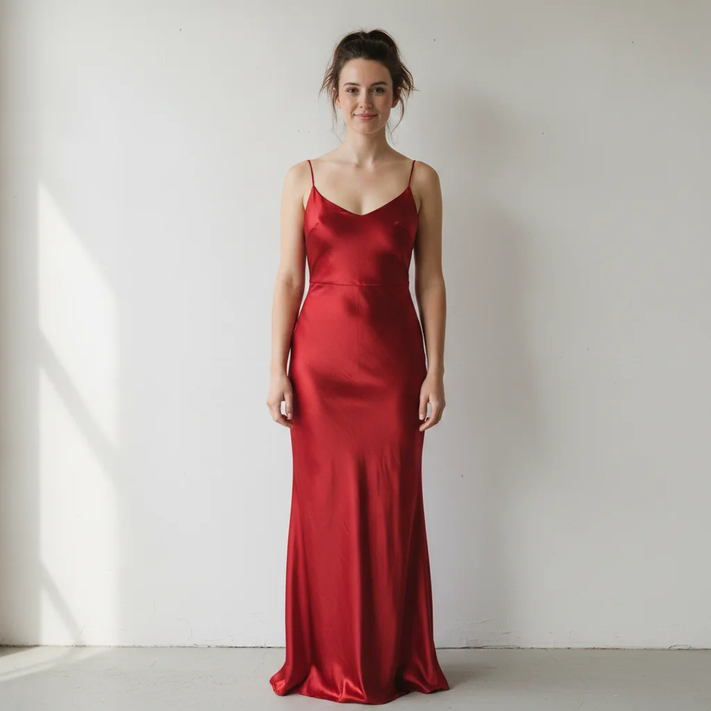 Same person now wearing a fitted floor-length red gown with thin spaghetti straps, same pose and shadow