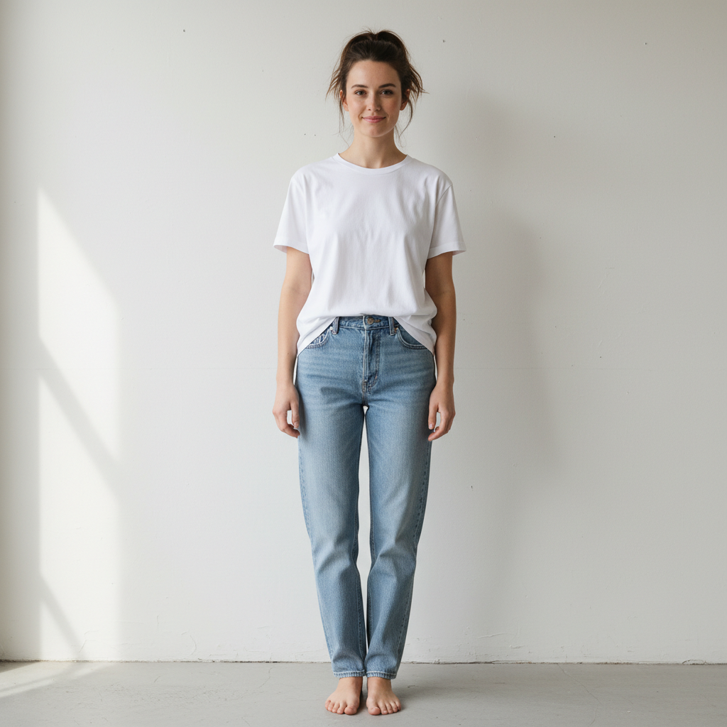 Person in a plain white t-shirt and light blue jeans, standing barefoot against a white wall with a diagonal shadow