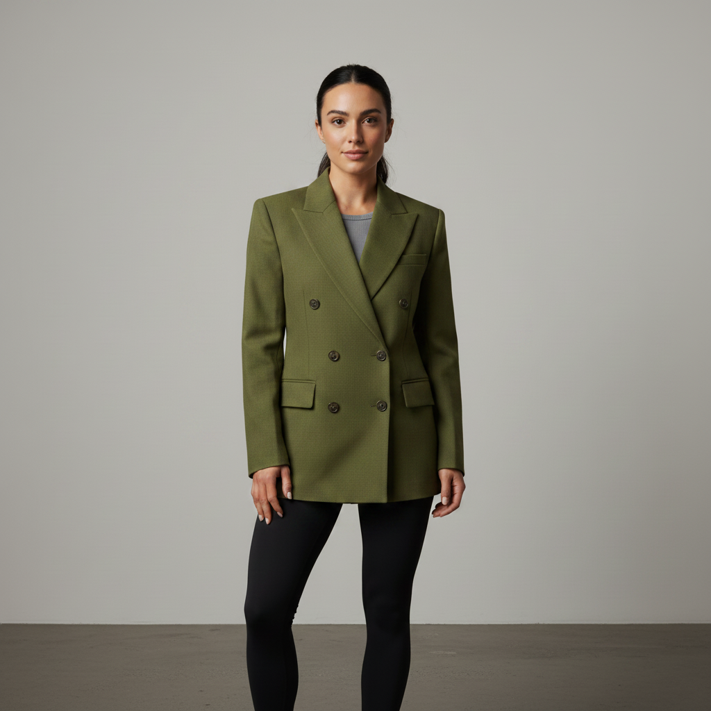 Same person wearing an olive double-breasted blazer over the same black leggings, studio background unchanged