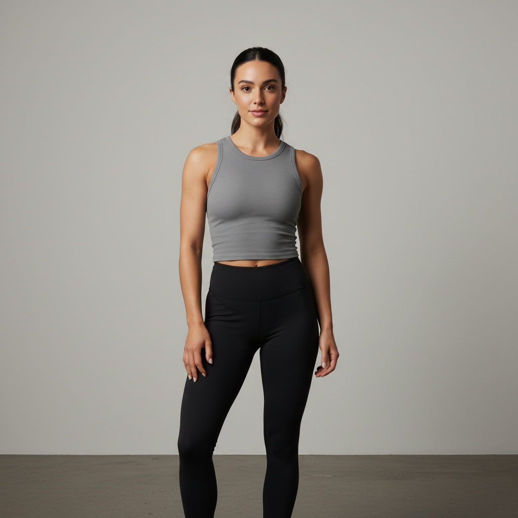 Person in a grey tank top and black leggings, studio background