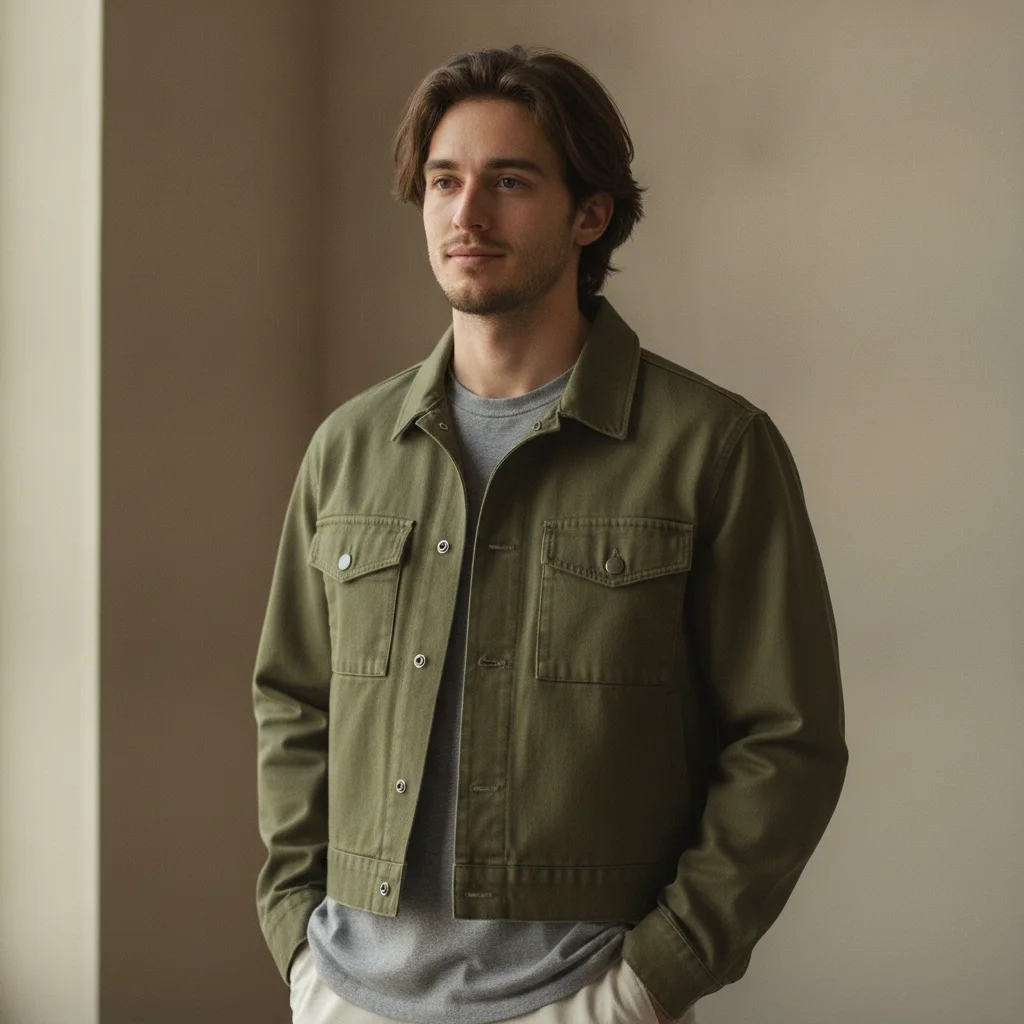 The same man in a cropped olive utility jacket, pose and background unchanged