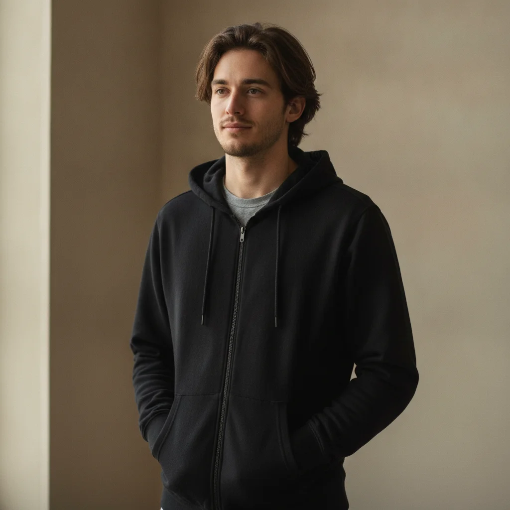 Man in a black zip hoodie against a plain wall