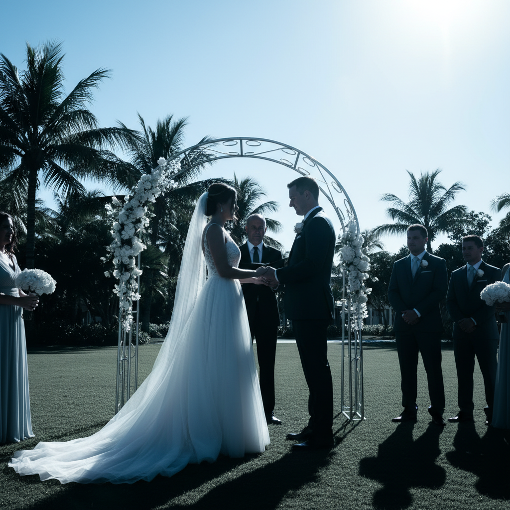 Harsh, cool-toned outdoor wedding ceremony photo