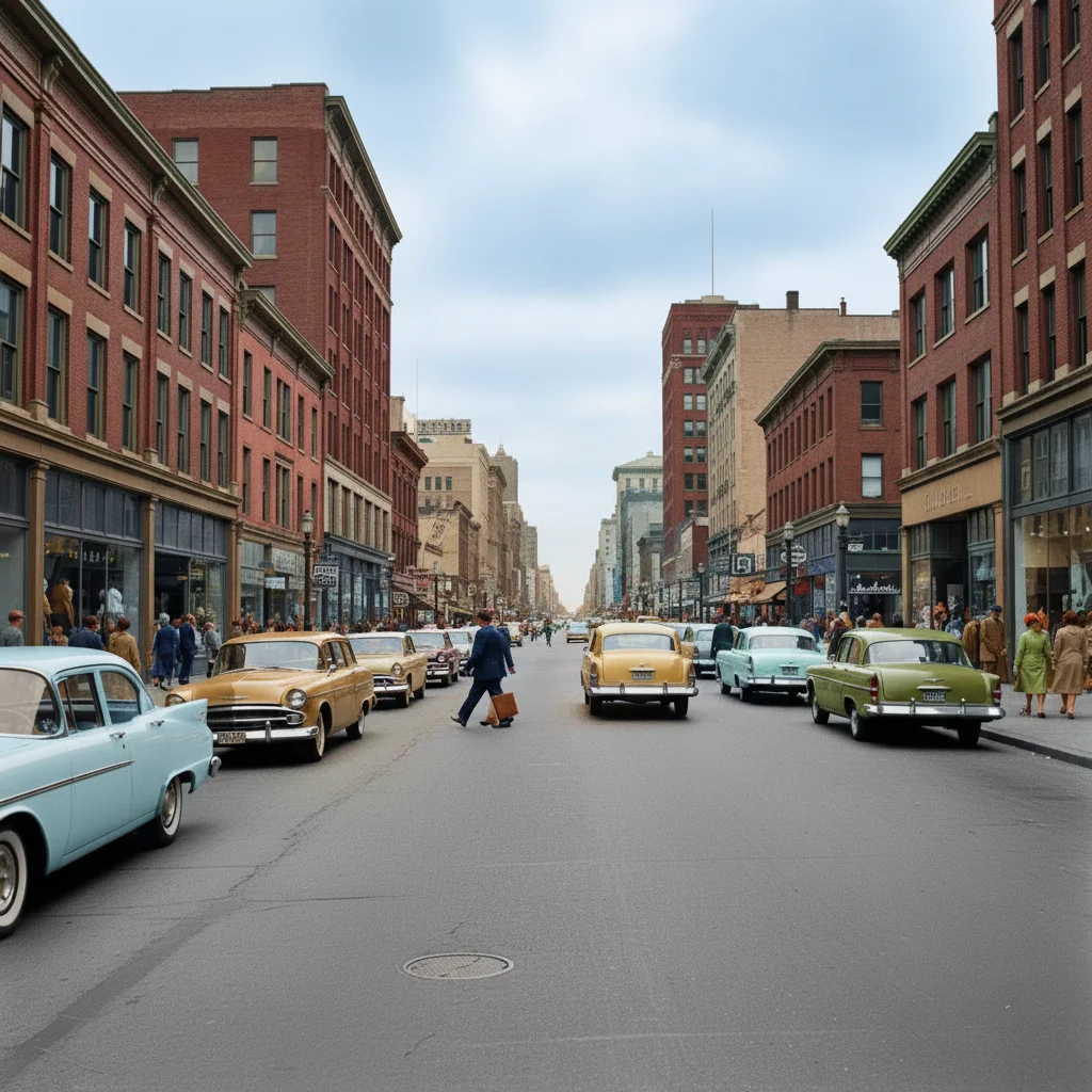 Same street scene with realistic period-accurate colors