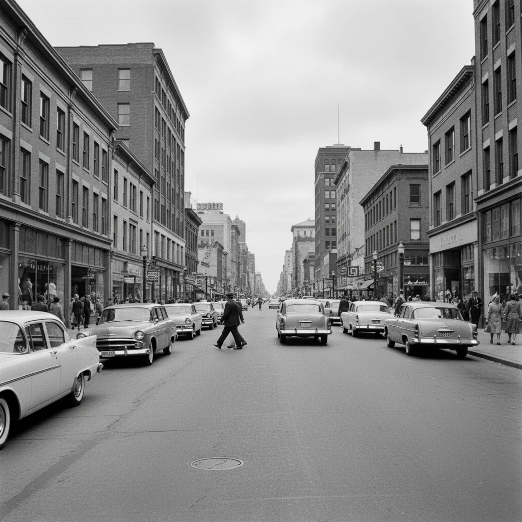 Black and white 1960s downtown street with vintage cars and storefronts