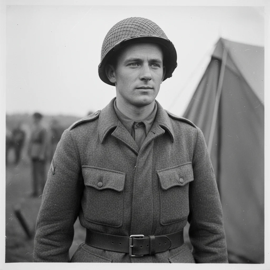 Black and white WWII soldier portrait in military uniform