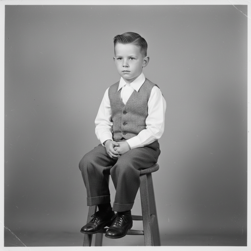 Black and white 1950s portrait of a young boy in Sunday clothes