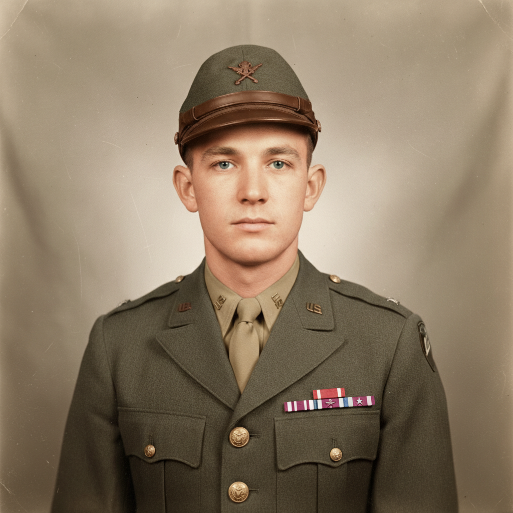 Same portrait with historically accurate colors - olive drab uniform, natural skin