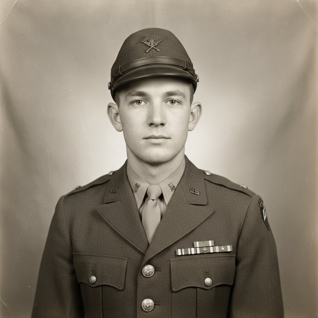Black and white WWII portrait of young soldier in Army uniform