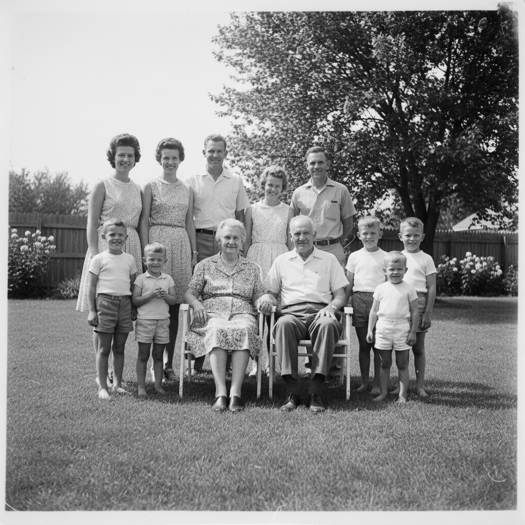 Black and white 1962 outdoor family gathering with multiple generations