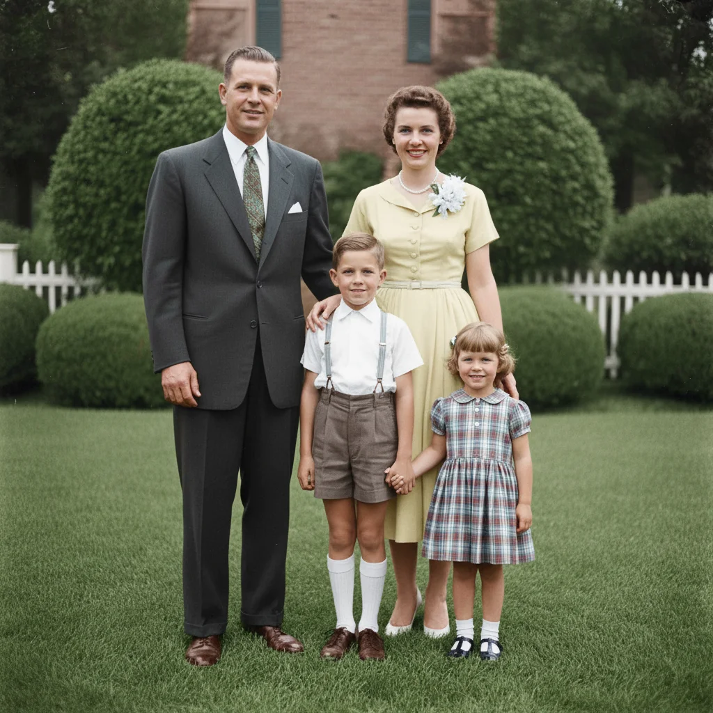 Same portrait colorized with warm skin tones, period-accurate clothing, and green lawn