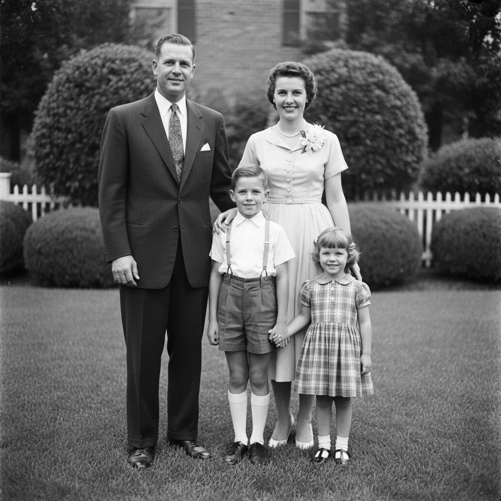 Black-and-white 1950s family portrait with four subjects on a front lawn
