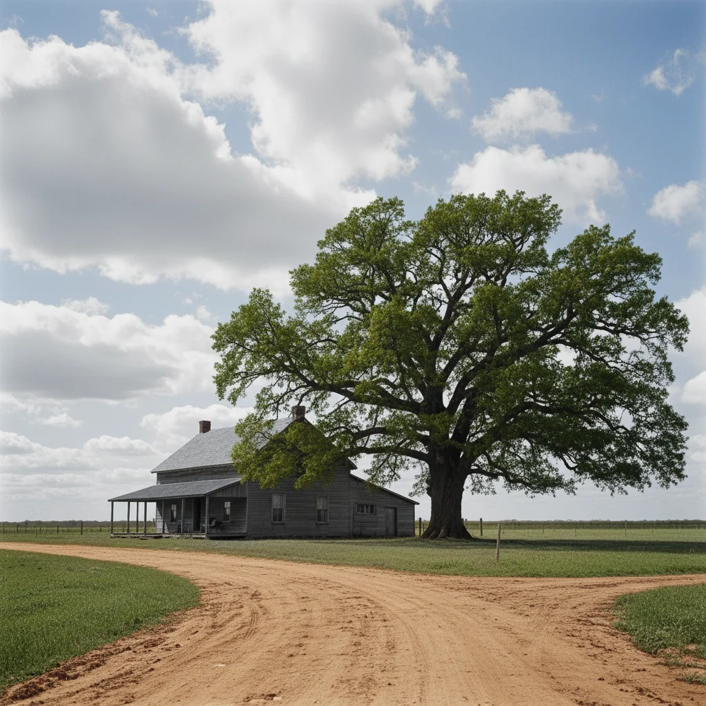 Same farmhouse scene colorized with warm earth tones, green tree, and blue sky