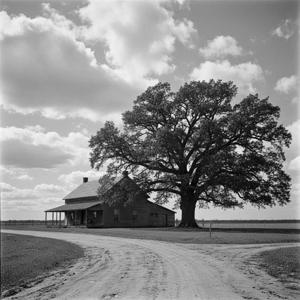 Black-and-white 1930s farmhouse with oak tree and dirt road