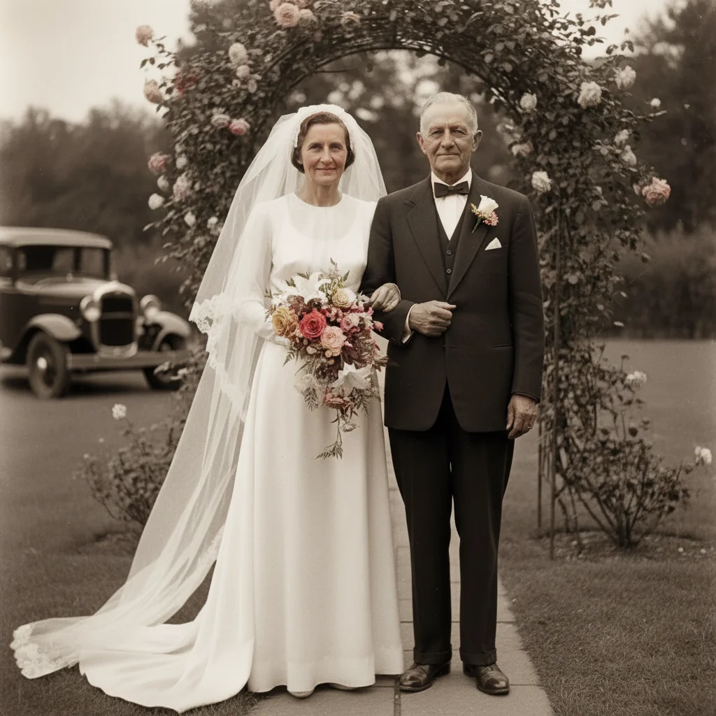 Wedding photo with realistic colors including white dress and dark suit
