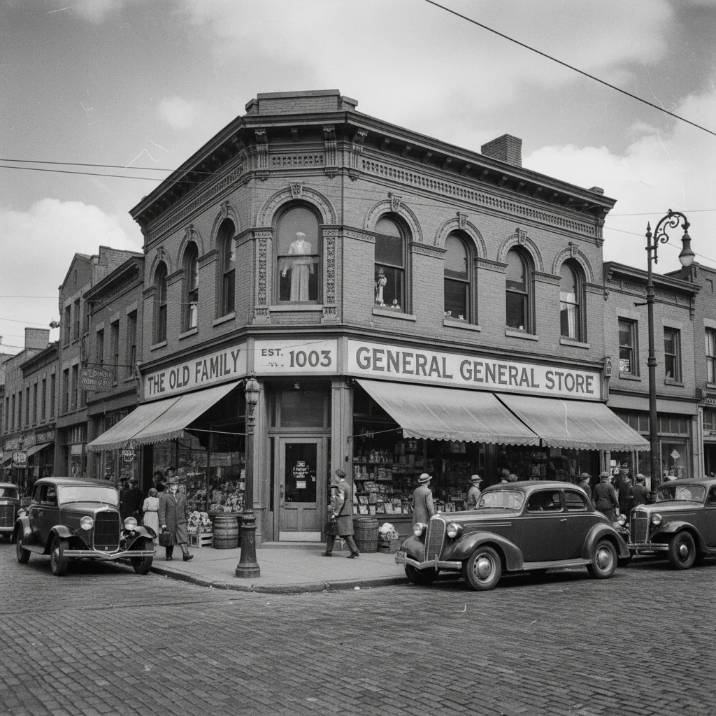 Faded black and white 1940s street scene with storefronts