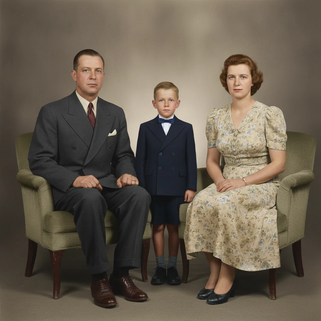 Same portrait colorized with warm skin tones, dark navy suit, floral dress, and warm indoor light