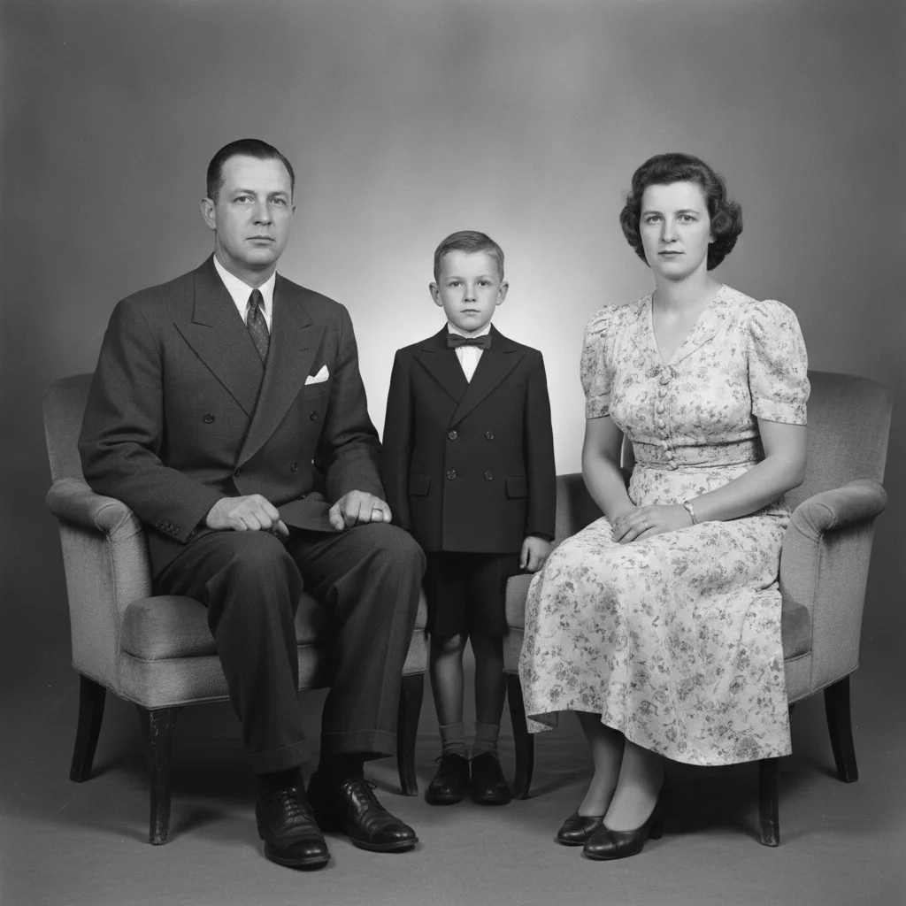 1940s black-and-white formal family portrait in grayscale
