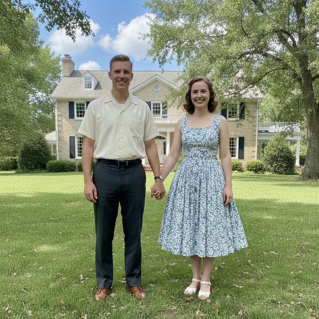 Same portrait colorized with blue sky, green grass, natural skin tones, and period dress colors