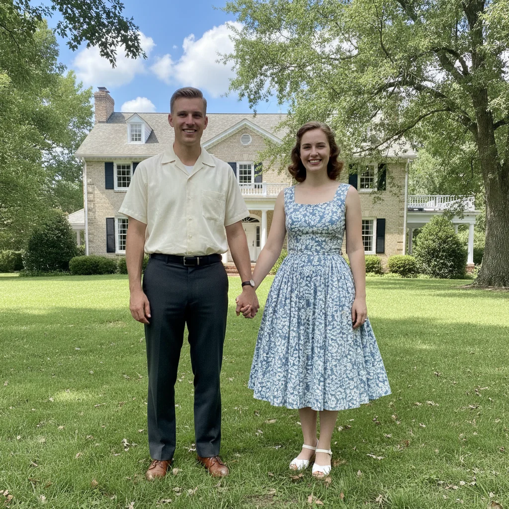 1950s black-and-white outdoor couple portrait on a lawn