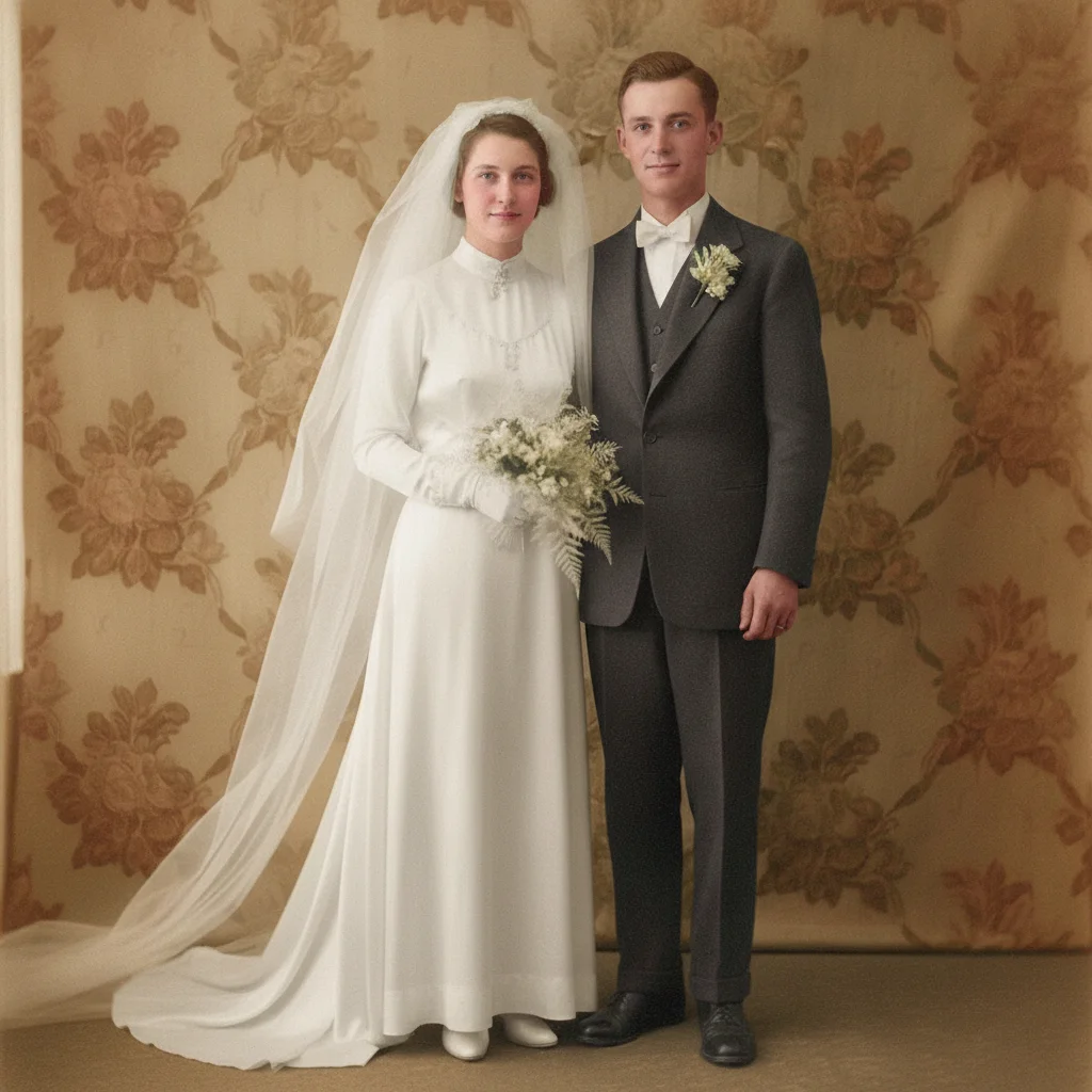 Same wedding portrait in full color with white dress, dark suit, and natural skin tones