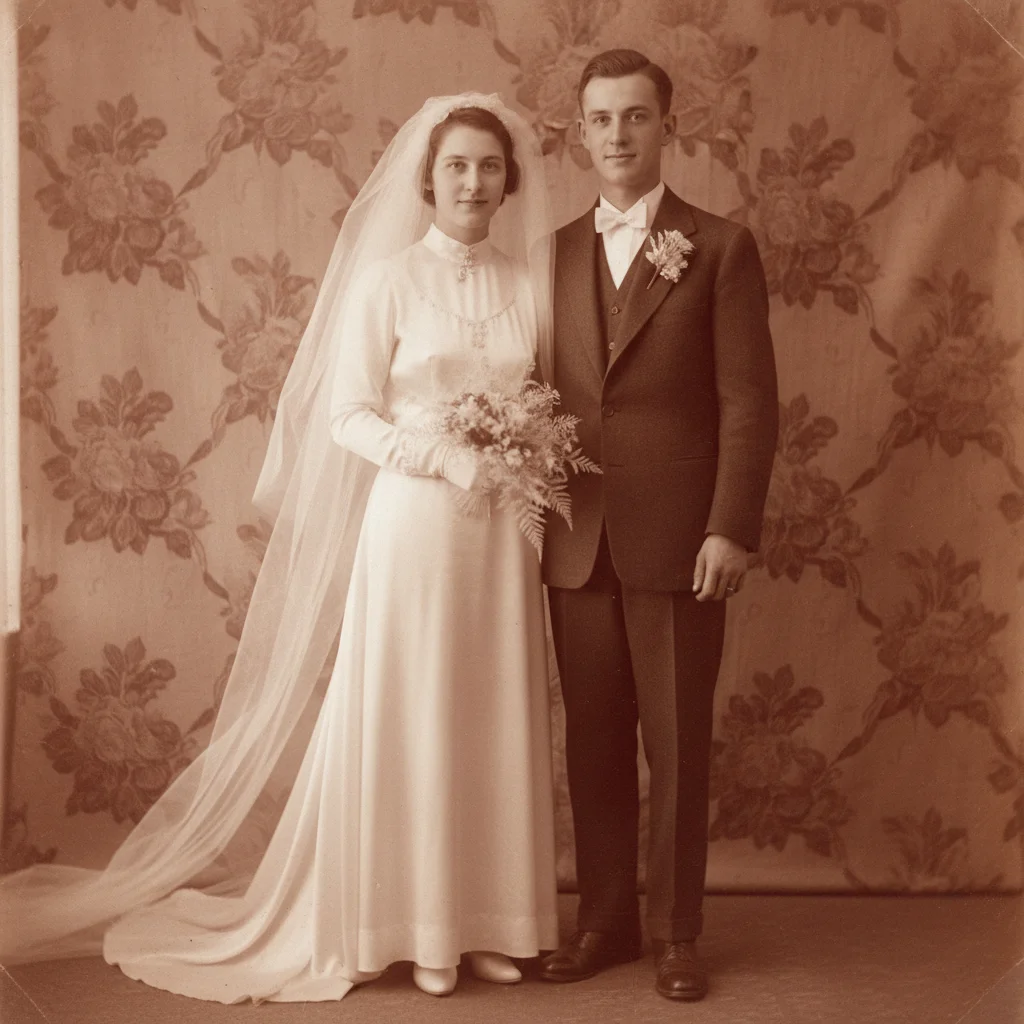 1930s sepia wedding portrait with warm brown tones
