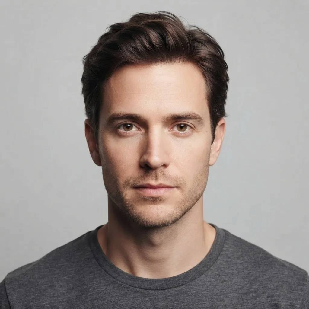 One new portrait blending both men — mid-brown hair, a softer jaw and lighter eyes, neither original