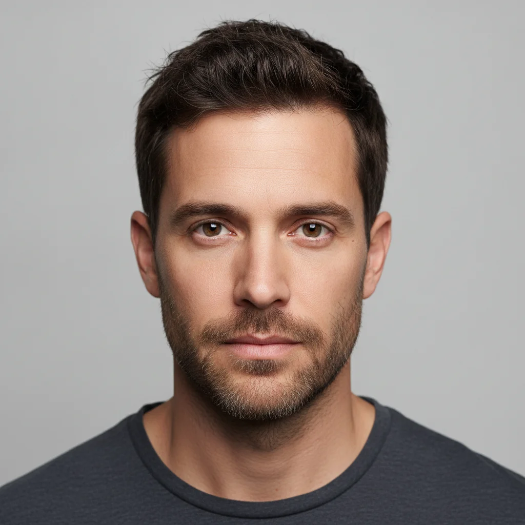Studio portrait of a man with dark hair, a square jaw and light stubble